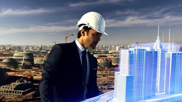 Architect at the construction site analyzes a holographic visualization of the building, assessing project implementation prospects