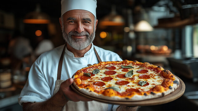 In a warm and inviting Italian kitchen, a seasoned pizza maker holds a freshly baked pepperoni pizza. The ambiance buzzes with the aroma of authentic culinary delights, enhancing the experience