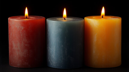 Three beautifully colored candles, in shades of red, blue, and yellow, flicker gently against a dark backdrop, creating a warm and serene ambiance perfect for relaxation
