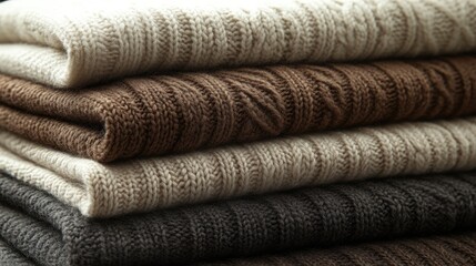 A cozy collection of folded knit sweaters in warm, earthy tones showcasing texture and soft fabric for fashion inspiration