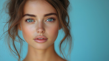 Obraz premium A young woman with radiant skin and enchanting blue eyes gazes thoughtfully into the distance. Her tousled hair softly frames her face, creating a beautiful contrast against the calm backdrop