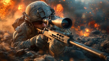 Soldier in tactical gear aiming a sniper rifle amidst a dramatic battlefield explosion, capturing the intensity of military combat.