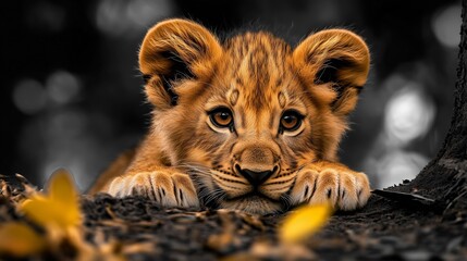 The Regal Gaze: A captivating portrait of a lion cub gazing with curiosity, with piercing eyes and playful demeanor, in the depths of the jungle.