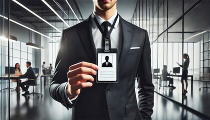 Businessman Holding ID Badge in Corporate Office
