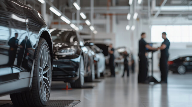 Auto Repair Shop with Mechanics at Work and Customers in Waiting Area