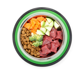 Dry and natural pet food in feeding bowl isolated on white, top view