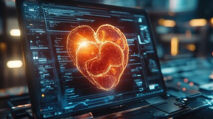 Futuristic glowing heart simulation on a sleek laptop screen showcasing advanced technology and digital interfaces