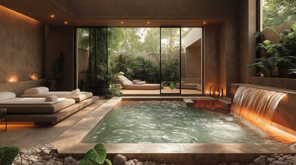 Tranquil spa environment invites guests to unwind in a serene pool enveloped by greenery, with cozy lounge areas designed for ultimate relaxation and escape from daily life