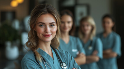 Fototapeta premium Brightly lit clinic filled with energy, a confident nurse stands in front while her colleagues supportively gather behind her