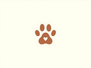 A brown paw print with a white heart in the center, isolated on a light background, symbolizes love for animals in a minimalist style.