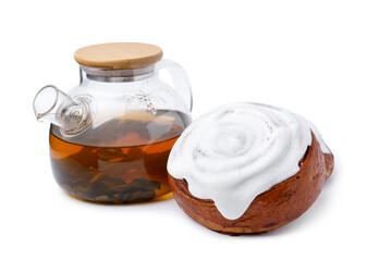 Tasty cinnamon roll with cream and tea isolated on white