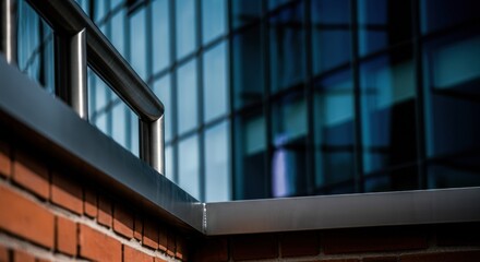 Obraz premium Close-up of a modern railing against a glass building backdrop