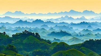 Fototapeta premium Misty sunrise over rolling green hills and distant mountains, scenic vista, ideal for travel brochures