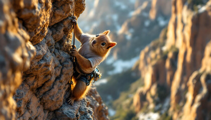 Fototapeta premium Pro climber squirrel with backpack and climbing tools climbing a cliff at sunset