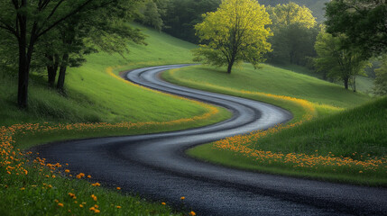 Fototapeta premium A gentle, winding road meanders through a lush green meadow, dotted with vibrant yellow wildflowers. Tall trees provide a refreshing shade as the morning light casts a warm glow
