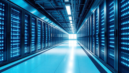 Fototapeta premium Futuristic Data Center Server Room with Blue LED Lights
