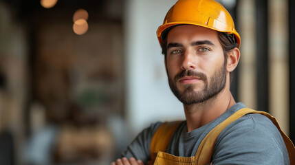 A confident construction worker stands with arms crossed, showcasing a strong demeanor in a well-lit, contemporary building. His orange hard hat signifies safety and professionalism