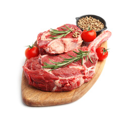Pieces of raw beef meat, spices and tomatoes isolated on white