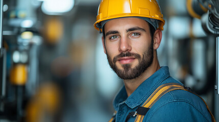 A young man stands in a busy workshop, wearing a yellow safety helmet and blue work shirt. His confident smile reflects dedication amidst machinery and tools, embodying the spirit of hard work