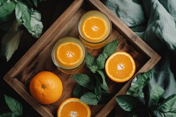 Glass of orange juice with mint and halved orange on wooden tray
