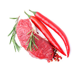 Piece of raw beef meat and spices isolated on white, top view