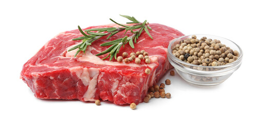 Piece of raw beef meat and spices isolated on white