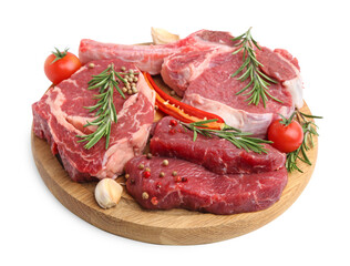 Pieces of raw beef meat, spices and tomatoes isolated on white