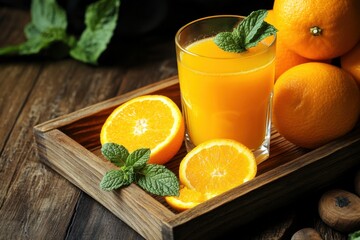 Glass of orange juice with mint and halved orange on wooden tray