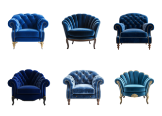Luxurious Blue Velvet Armchair with Gold Accents set isolated on transparent or white background	
