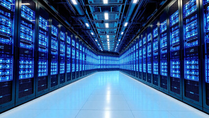 Futuristic Data Center Server Room with Blue LED Lights