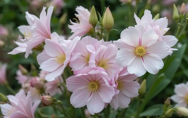 Naklejka premium A close-up of white and light pink lisianthus flowers in a garden setting