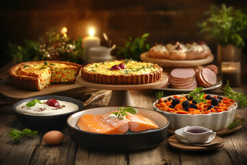 Festive spread of savory dishes and desserts on rustic wood illuminated by warm candlelight.