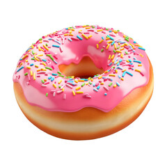 Delicious pink donut with colorful sprinkles isolated on transparent background