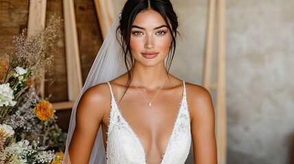 Elegant bridal portrait featuring a stunning bride in a delicate wedding dress, exuding beauty and confidence in a charming setting.