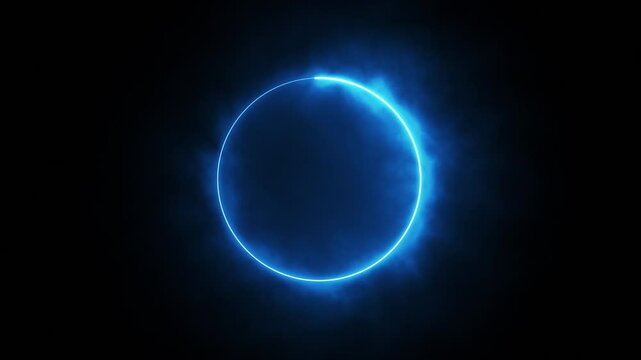 Bright glowing blue neon circle surrounded by epic smoke and fog energy motion. Blue laser line forming a ring. Abstract round frame on black, endless loading background. Technology, AI. 4k loop.