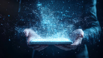 Futuristic digital data visualization with glowing holographic interface floating above a smart device representing cloud computing artificial intelligence cyber security and technology innovation