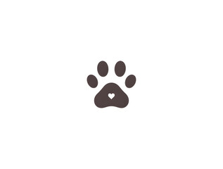  dark brown paw print with a white heart in the center, isolated on a light background, symbolizes love for animals in a minimalist style