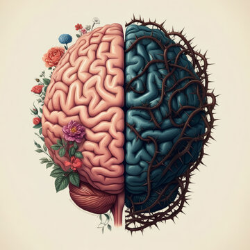 Surreal half-light and half-dark brain covered with flowers and thorns representing opposing mindsets