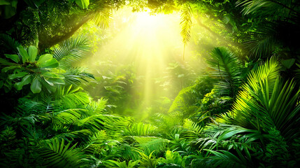 Sunbeams pierce misty tropical rainforest foliage; jungle path background, nature scene