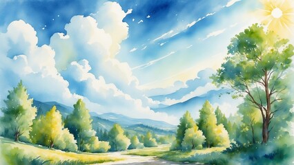 Bright sunny landscape: summer morning with bright blue sky and puffy white clouds, green trees gently swaying, creating a joyful atmosphere