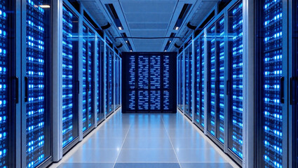 Futuristic Data Center Server Room with Blue LED Lights