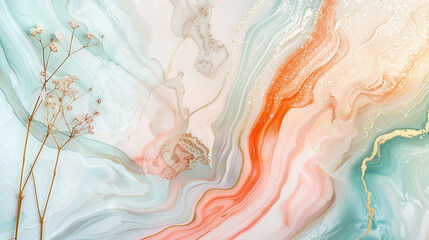 A calming abstract design with fluid marble-like patterns in soothing shades of lavender, mint, and pale gold.