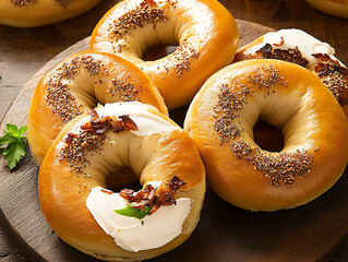 Assorted bagels with cream cheese and seasonings arranged on a rustic wooden serving board.