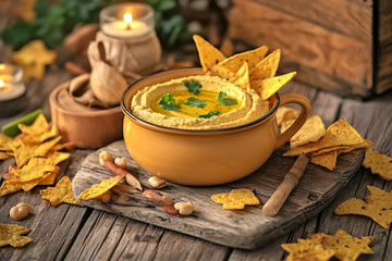 Warm hummus dip with tortilla chips surrounded by candles and rustic wooden accents.