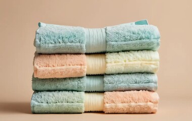 A stack of pastel-colored cotton towels with a bundle of cotton buds on a beige background