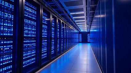 Futuristic Data Center Server Room with Blue LED Lights