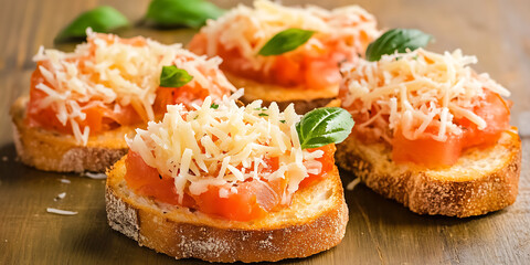 Toasted bread topped with fresh tomato shredded cheese and basil leaves arranged on a rustic wooden surface.