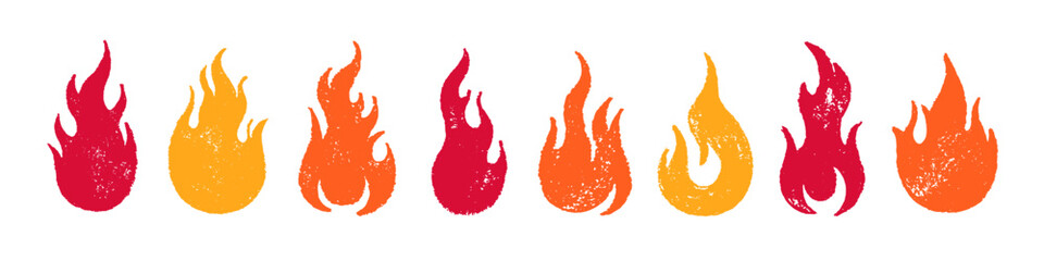 Fire flame icon. Crayon vector logo. Hot fire on white background. Flame simple illustration. Graphic heat symbol. Abstract silhouette, hell element clipart. Red stroke shape. Scribble punk pastel art