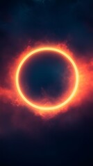 Naklejka premium Abstract phone wallpaper with bright neon circle on dark blue background. Abstract background with simple shapes in blue and orange colors.