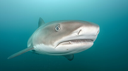 Fototapeta premium Oceanic shark underwater close-up portrait, turquoise background, marine wildlife, scuba diving image